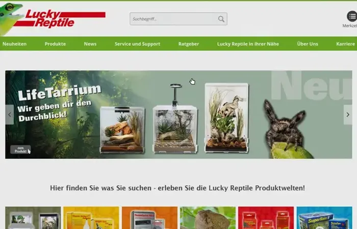 Online shop interface showcasing reptile supplies, terrarium equipment, and product categories